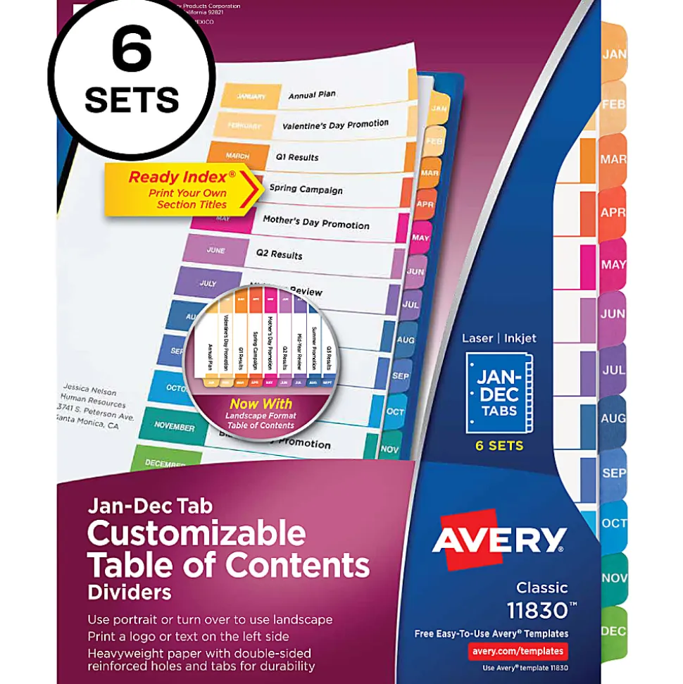 Avery® Ready Index® Dividers, Jan-Dec Tab & Customizable Table of Contents, 8-1/2" x 11", Multicolor, 12 Dividers Per Pack, Set Of 6 Packs