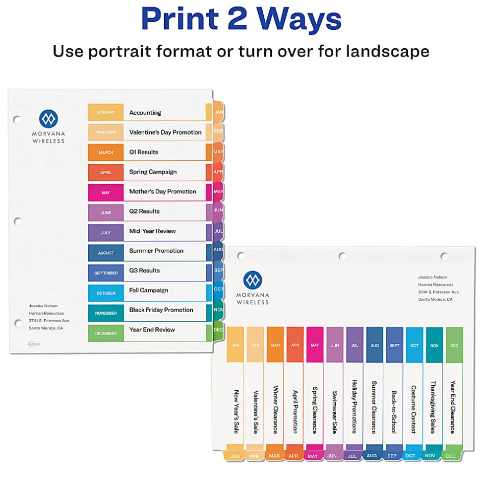 Avery® Ready Index® Dividers, Jan-Dec Tab & Customizable Table of Contents, 8-1/2" x 11", Multicolor, 12 Dividers Per Pack, Set Of 6 Packs