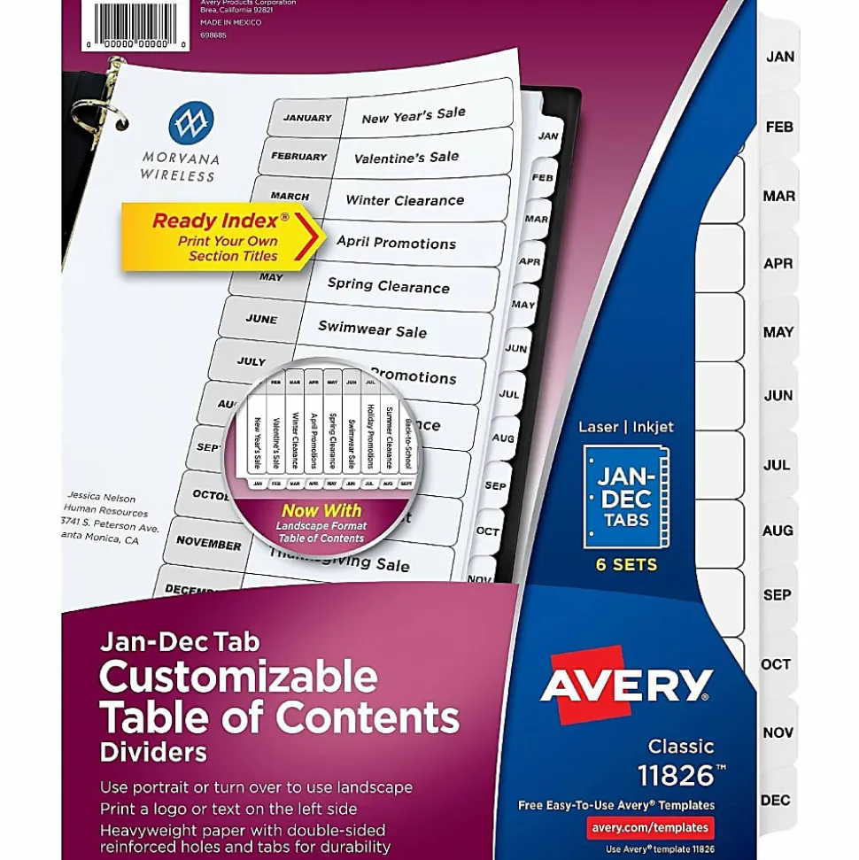 Avery® Ready Index® Dividers, Jan-Dec Tab & Customizable Table of Contents, 8-1/2" x 11", Multicolor, 12 Dividers Per Pack, Set Of 6 Packs