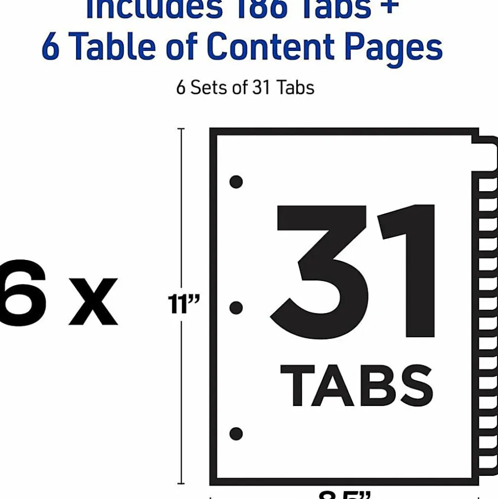 Avery® Ready Index® Dividers, 1-31 Tab & Customizable Table Of Contents, Letter Size, Black/White ,31 Dividers Per Pack, Set Of 6 Packs