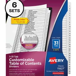 Avery® Ready Index® Dividers, 1-31 Tab & Customizable Table Of Contents, Letter Size, Black/White ,31 Dividers Per Pack, Set Of 6 Packs