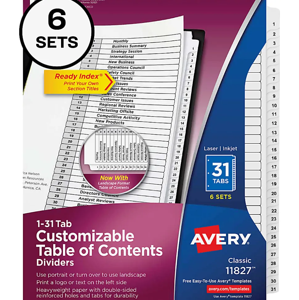 Avery® Ready Index® Dividers, 1-31 Tab & Customizable Table Of Contents, Letter Size, Black/White ,31 Dividers Per Pack, Set Of 6 Packs