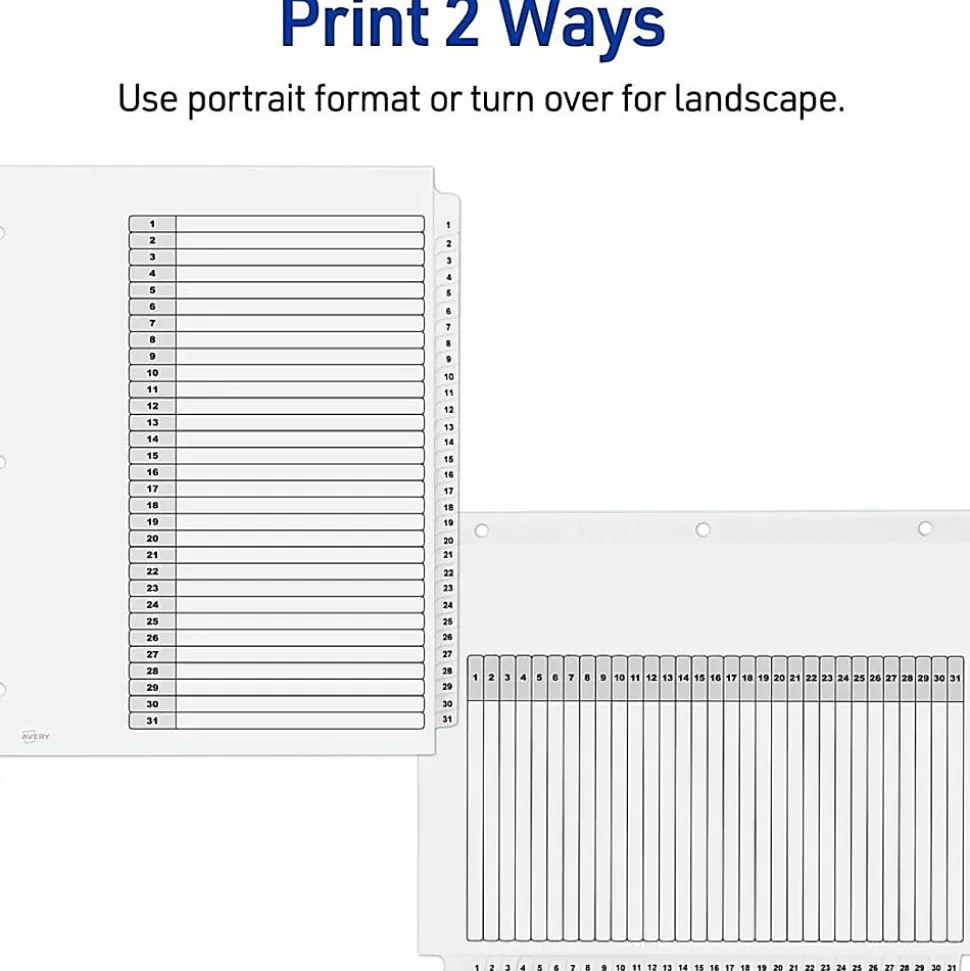 Avery® Ready Index® Dividers, 1-31 Tab & Customizable Table Of Contents, Letter Size, Black/White ,31 Dividers Per Pack, Set Of 6 Packs