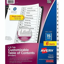 Avery® Ready Index® Dividers, 1-15 Tab & Customizable Table Of Contents, Letter Size, Black/White ,15 Tabs Per Pack, Set Of 6 Packs