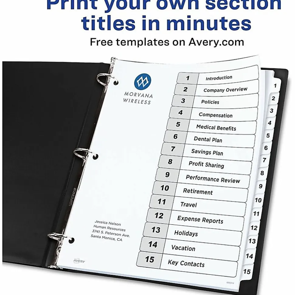 Avery® Ready Index® Dividers, 1-15 Tab & Customizable Table Of Contents, Letter Size, Black/White ,15 Tabs Per Pack, Set Of 6 Packs