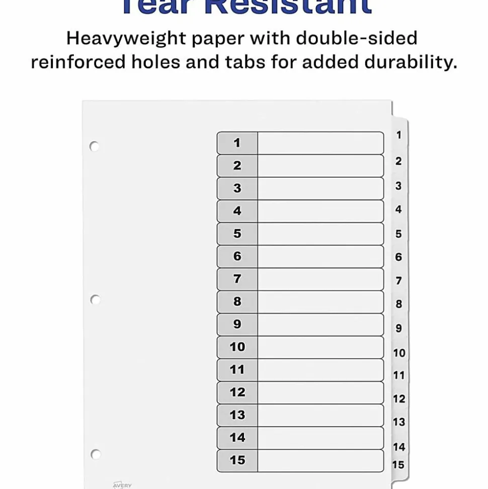 Avery® Ready Index® Dividers, 1-15 Tab & Customizable Table Of Contents, Letter Size, Black/White ,15 Tabs Per Pack, Set Of 6 Packs