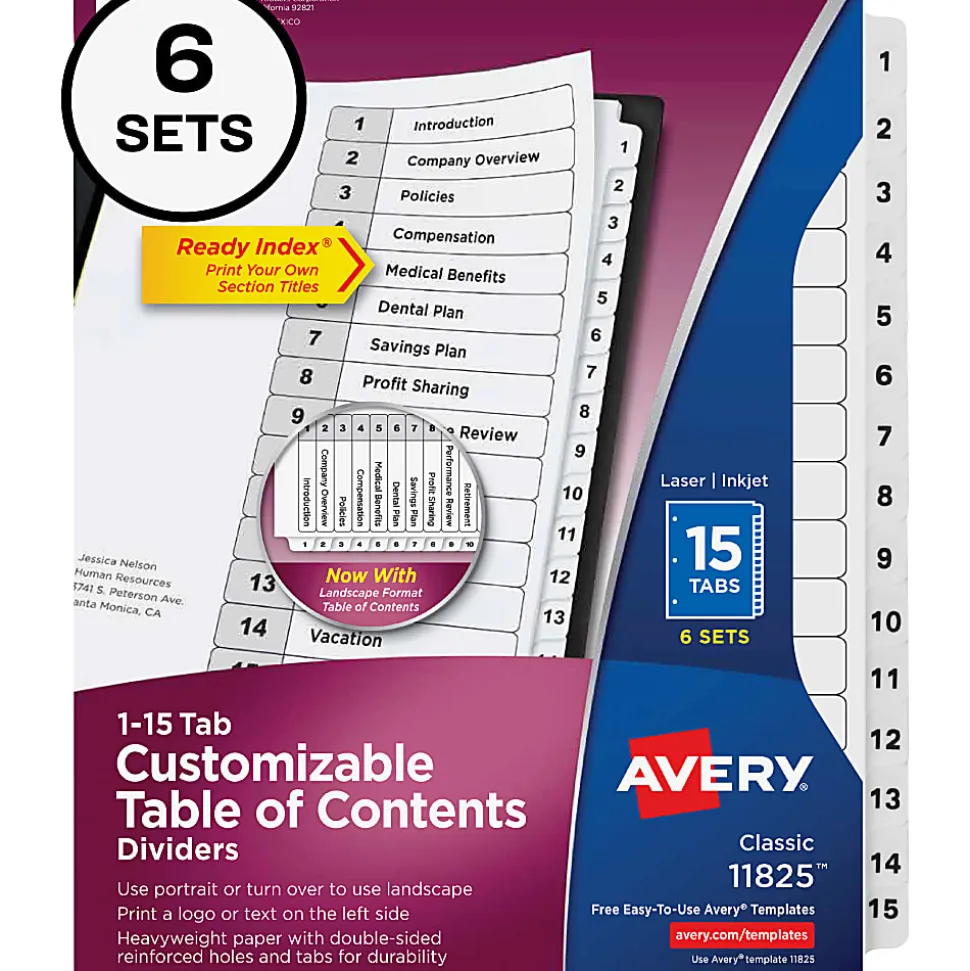 Avery® Ready Index® Dividers, 1-15 Tab & Customizable Table Of Contents, Letter Size, Black/White ,15 Tabs Per Pack, Set Of 6 Packs