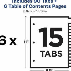 Avery® Ready Index® Dividers, 1-15 Tab & Customizable Table Of Contents, Letter Size, Black/White ,15 Tabs Per Pack, Set Of 6 Packs
