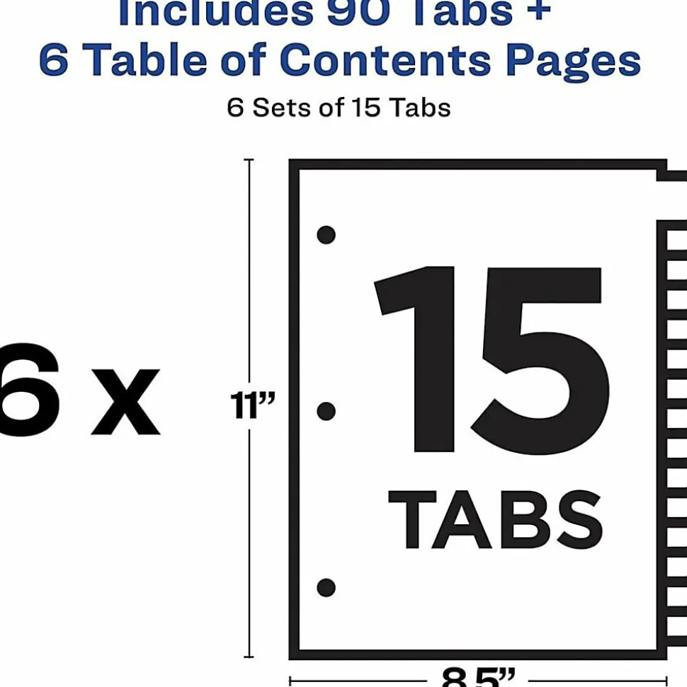 Avery® Ready Index® Dividers, 1-15 Tab & Customizable Table Of Contents, Letter Size, Black/White ,15 Tabs Per Pack, Set Of 6 Packs