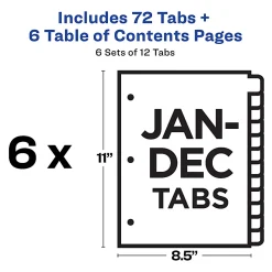 Avery® Ready Index® Jan-Dec Binder Dividers With Customizable Table of Contents, 8-1/2” x 11”, 12 Tabs Per Set, Classic White Tabs, Pack Of 6 Sets