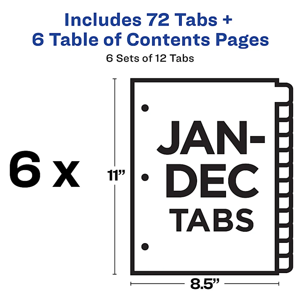 Avery® Ready Index® Jan-Dec Binder Dividers With Customizable Table of Contents, 8-1/2” x 11”, 12 Tabs Per Set, Classic White Tabs, Pack Of 6 Sets