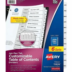 Avery® Ready Index® Jan-Dec Binder Dividers With Customizable Table of Contents, 8-1/2” x 11”, 12 Tabs Per Set, Classic White Tabs, Pack Of 6 Sets