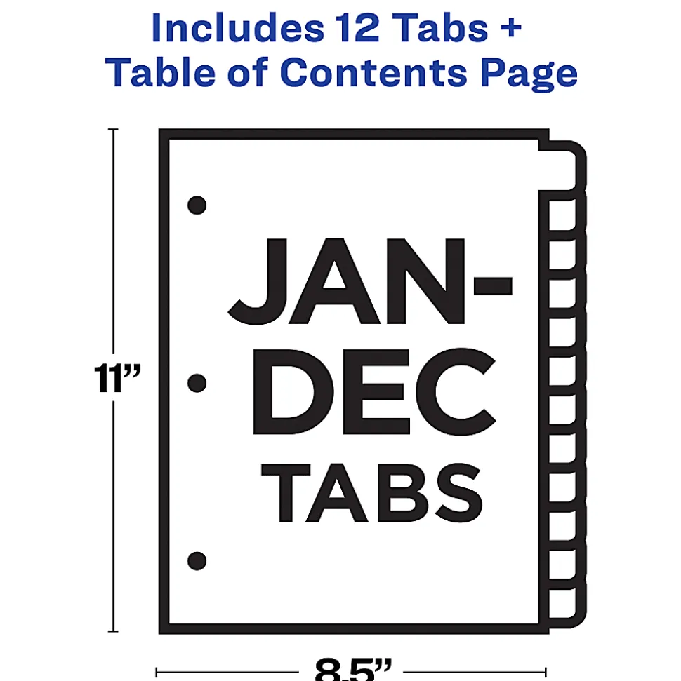 Avery® Ready Index® Jan-Dec Tab With Customizable Table Of Contents Binder Dividers, 8-1/2" x 11", 12 Tab, Multicolor, 1 Set