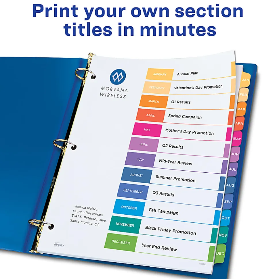 Avery® Ready Index® Jan-Dec Tab With Customizable Table Of Contents Binder Dividers, 8-1/2" x 11", 12 Tab, Multicolor, 1 Set