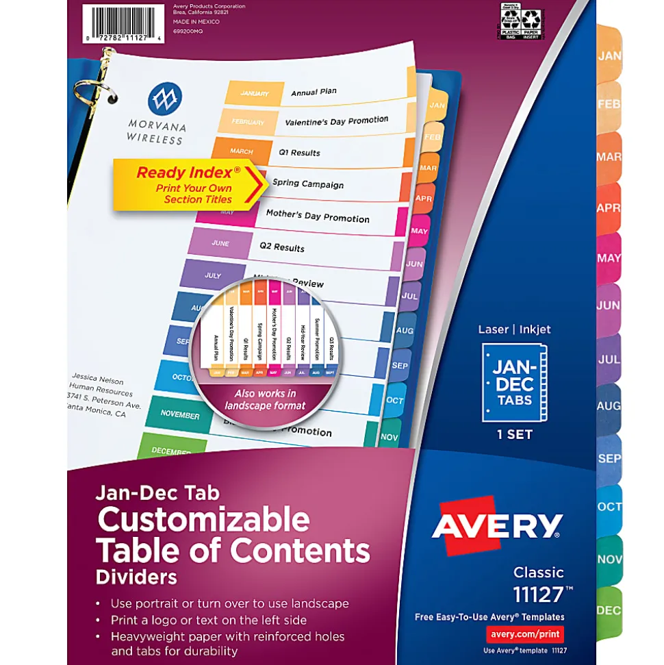 Avery® Ready Index® Jan-Dec Tab With Customizable Table Of Contents Binder Dividers, 8-1/2" x 11", 12 Tab, Multicolor, 1 Set