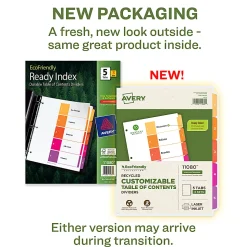 Avery® Ready Index® 100% Recycled Dividers, 1-5 Tabs & Customizable Table Of Contents, Letter Size, White Dividers/Multicolor Tabs, Pack Of 3 Sets