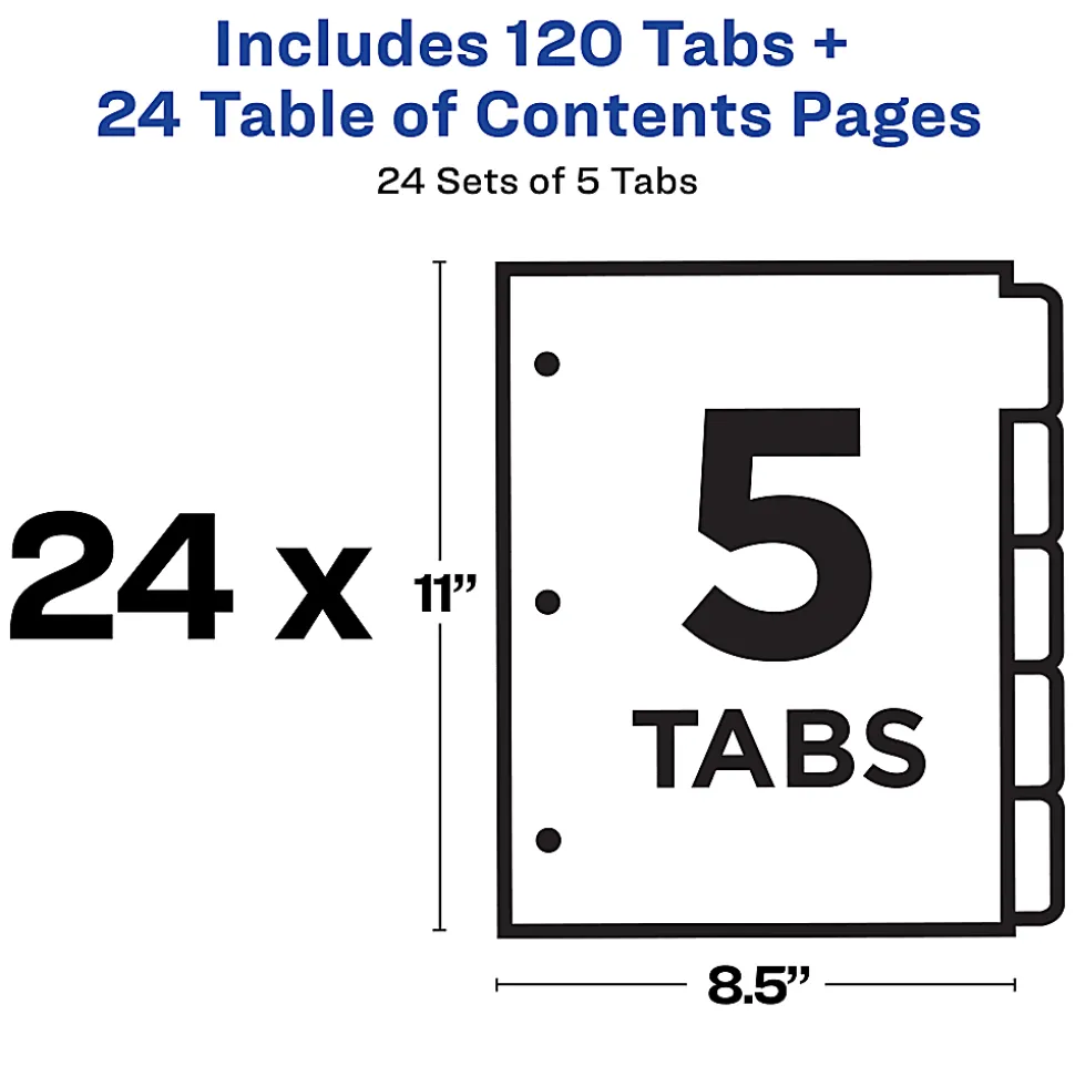 Avery® Ready Index® 1-5 Tab Binder Dividers With Customizable Table of Contents, 8-1/2" x 11", 5 Tab, White/Multicolor, Box Of 24 Sets
