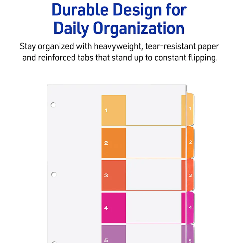 Avery® Ready Index® 1-5 Tab Binder Dividers With Customizable Table of Contents, 8-1/2" x 11", 5 Tab, White/Multicolor, Box Of 24 Sets