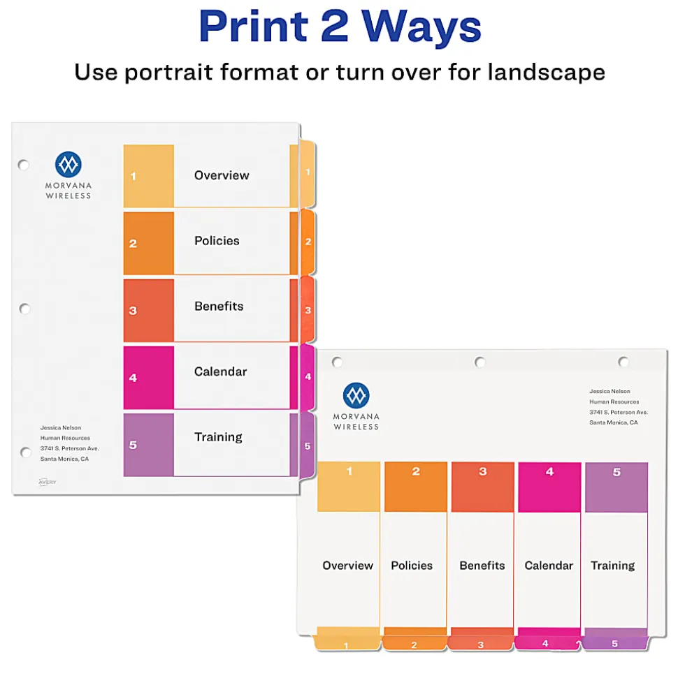 Avery® Ready Index® 1-5 Tab Binder Dividers With Customizable Table of Contents, 8-1/2" x 11", 5 Tab, White/Multicolor, Box Of 24 Sets