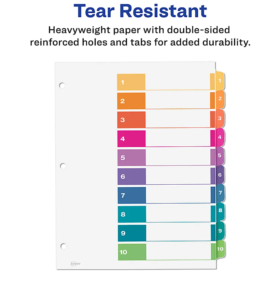Avery® Ready Index® 1-10 Tab Binder Dividers With Customizable Table Of Contents, 8-1/2" x 11", 10 Tab, White/Multicolor, Box Of 24 Sets