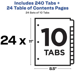 Avery® Ready Index® 1-10 Tab Binder Dividers With Customizable Table Of Contents, 8-1/2" x 11", 10 Tab, White/Multicolor, Box Of 24 Sets