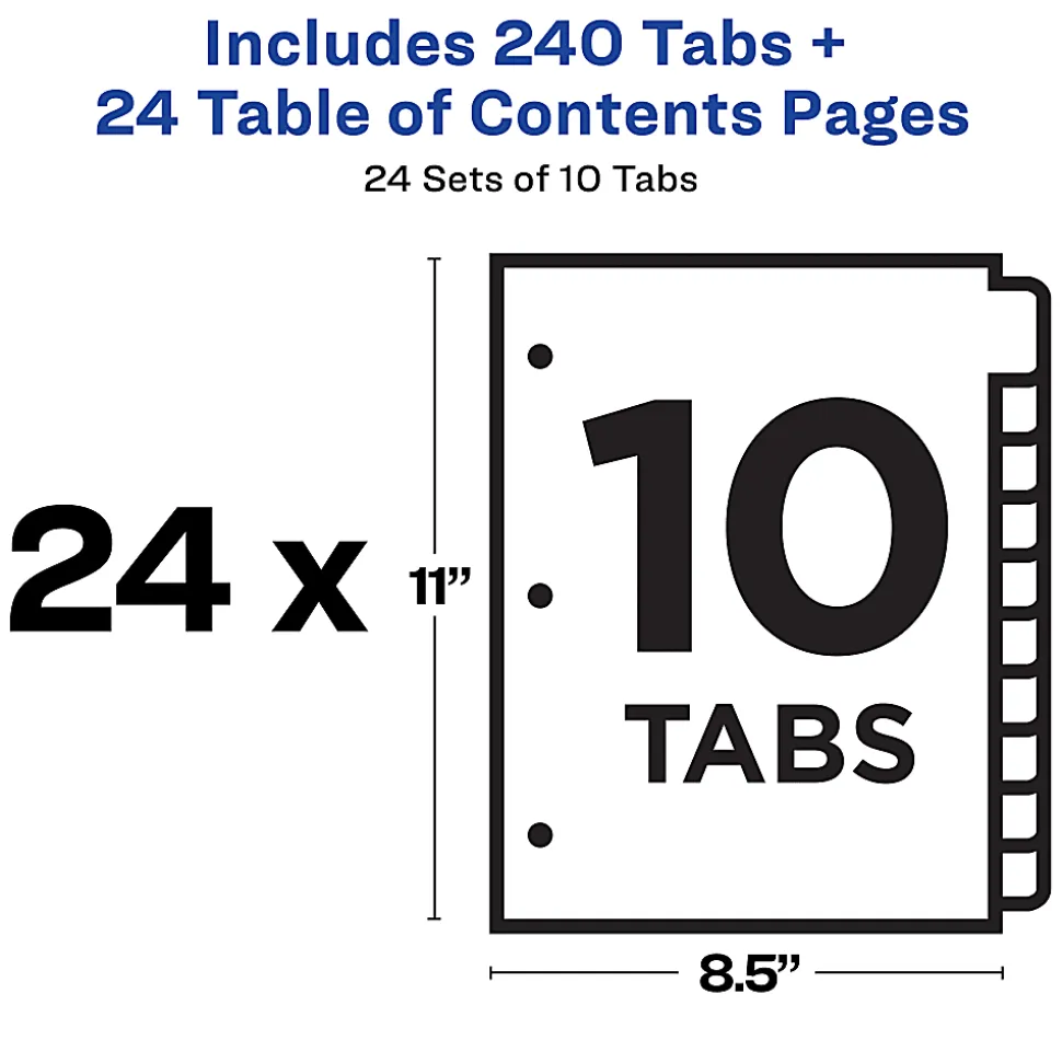 Avery® Ready Index® 1-10 Tab Binder Dividers With Customizable Table Of Contents, 8-1/2" x 11", 10 Tab, White/Multicolor, Box Of 24 Sets