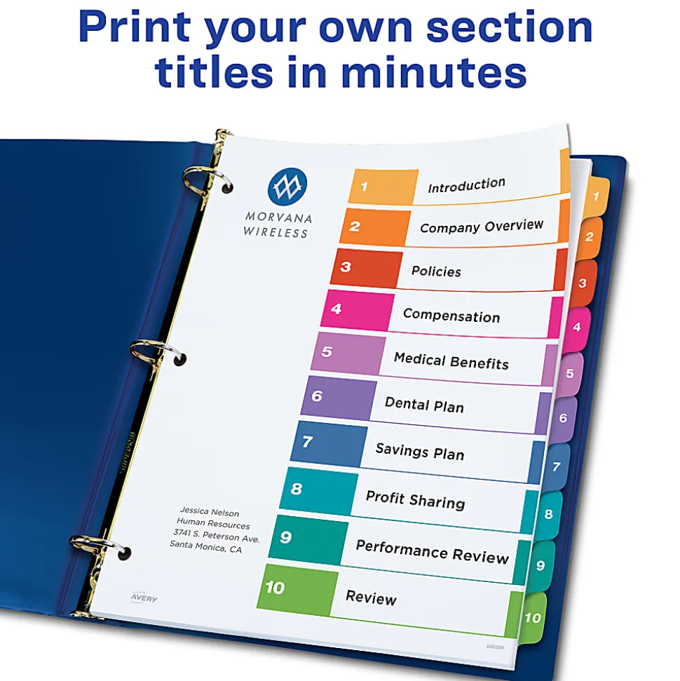 Avery® Ready Index® 1-10 Tab Binder Dividers With Customizable Table Of Contents, 8-1/2" x 11", 10 Tab, White/Multicolor, Box Of 24 Sets