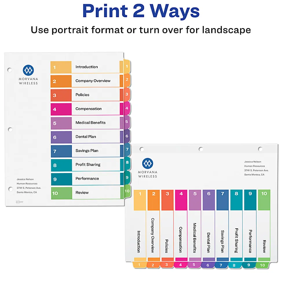 Avery® Ready Index® 1-10 Tab Binder Dividers With Customizable Table Of Contents, 8-1/2" x 11", 10 Tab, White/Multicolor, Box Of 24 Sets