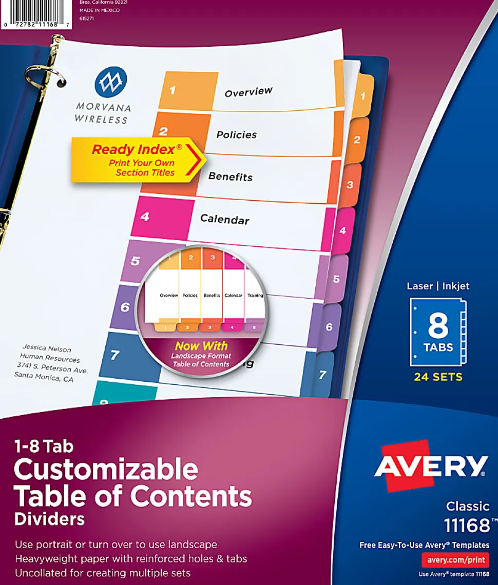 Avery® Ready Index® 1-8 Tab Binder Dividers With Customizable Table Of Contents, 8-1/2" x 11", 8 Tab, White/Multicolor, Box Of 24 Sets