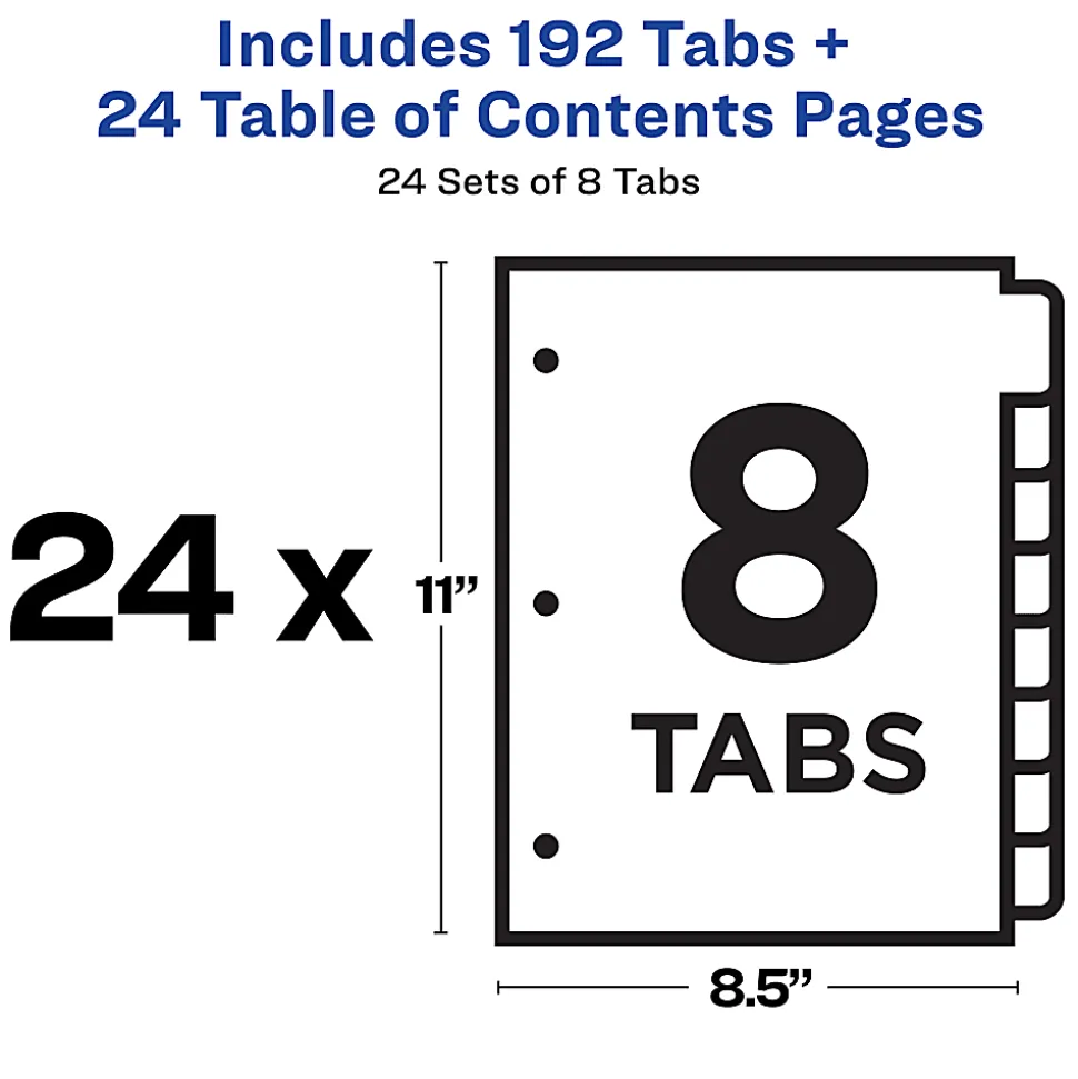 Avery® Ready Index® 1-8 Tab Binder Dividers With Customizable Table Of Contents, 8-1/2" x 11", 8 Tab, White/Multicolor, Box Of 24 Sets