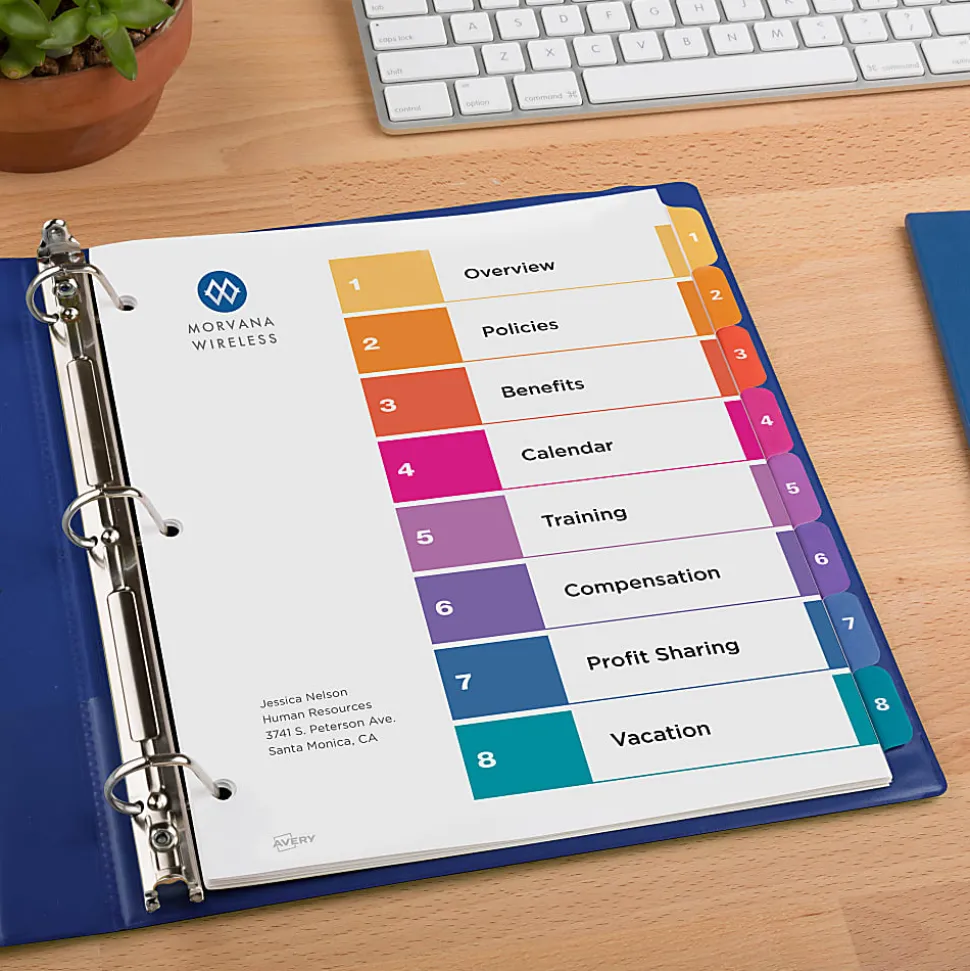 Avery® Ready Index® 1-8 Tab Binder Dividers With Customizable Table Of Contents, 8-1/2" x 11", 8 Tab, White/Multicolor, Box Of 24 Sets