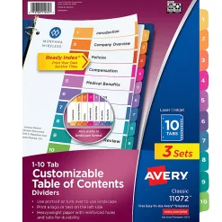 Avery® Ready Index® 1-10 Tab Binder Dividers With Customizable Table Of Contents, 8-1/2" x 11", 10 Tab, White/Multicolor, Pack Of 3 Sets