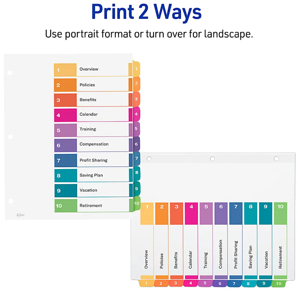 Avery® Ready Index® 1-10 Tab Binder Dividers With Customizable Table Of Contents, 8-1/2" x 11", 10 Tab, White/Multicolor, Pack Of 3 Sets