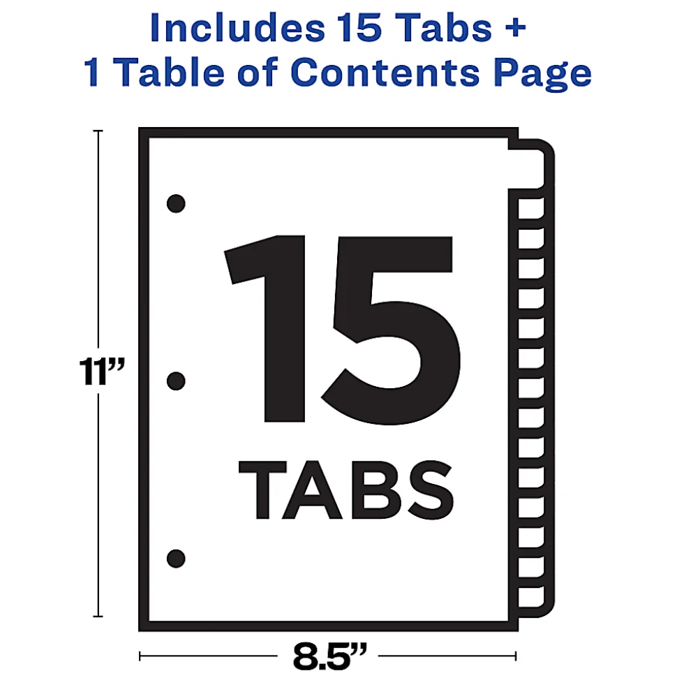 Avery® Ready Index® 1-15 Tab Binder Dividers With Customizable Table Of Contents, 8-1/2" x 11", 15 Tab, White/Multicolor, 1 Set