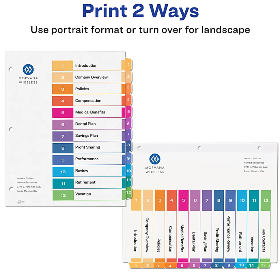 Avery® Ready Index® 1-12 Tab Binder Dividers With Customizable Table Of Contents, 8-1/2" x 11", 12 Tab, White/Multicolor, Pack Of 6 Sets