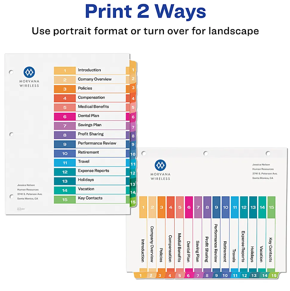 Avery® Ready Index® 1-15 Tab Binder Dividers With Customizable Table Of Contents, 8-1/2" x 11", 15 Tab, White/Multicolor, Pack Of 6 Sets