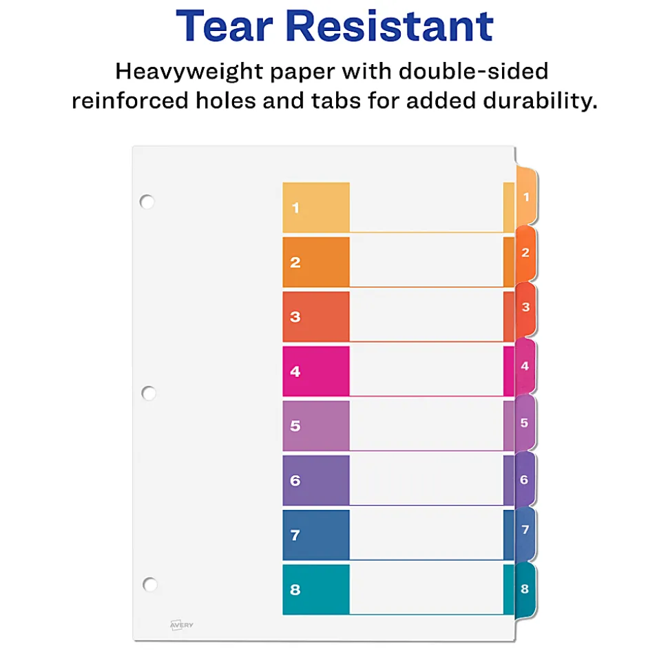 Avery® Ready Index® 1-8 Tab Binder Dividers With Customizable Table Of Contents, 8-1/2" x 11", 8 Tab, White/Multicolor, Pack Of 6 Sets