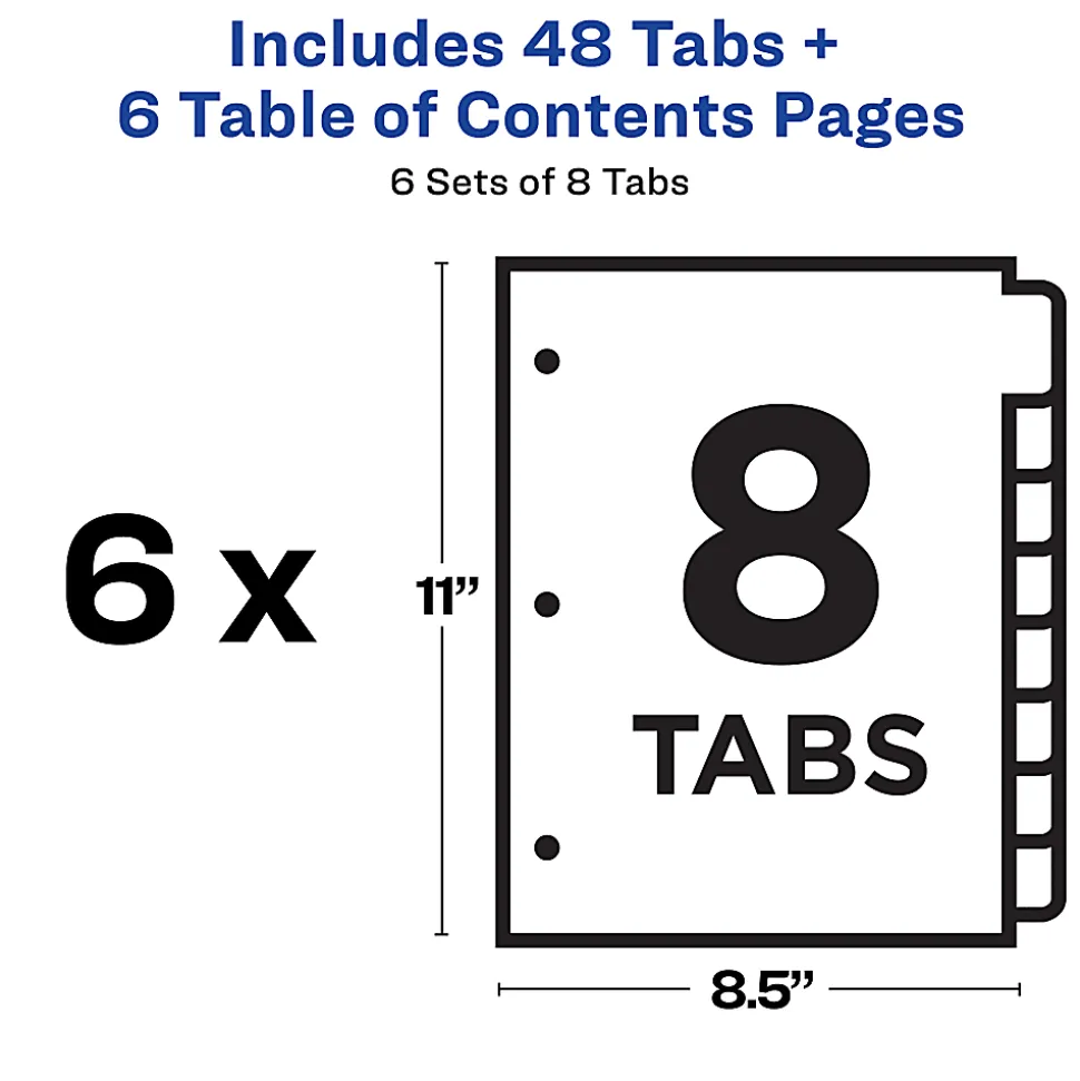 Avery® Ready Index® 1-8 Tab Binder Dividers With Customizable Table Of Contents, 8-1/2" x 11", 8 Tab, White/Multicolor, Pack Of 6 Sets