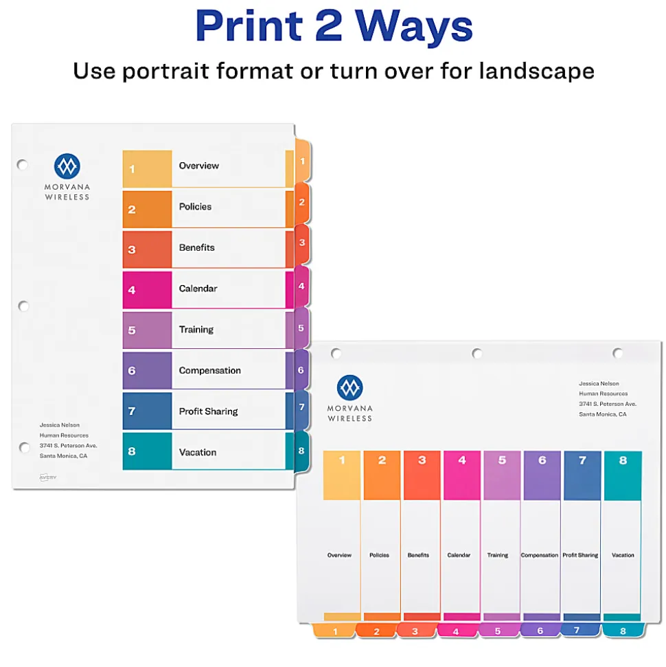 Avery® Ready Index® 1-8 Tab Binder Dividers With Customizable Table Of Contents, 8-1/2" x 11", 8 Tab, White/Multicolor, Pack Of 6 Sets