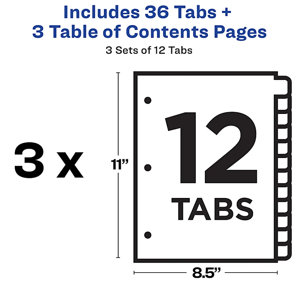 Avery® Ready Index® 1-12 Tab Binder Dividers With Customizable Table Of Contents, 8-1/2" x 11", 12 Tab, White/Multicolor, Pack Of 3 Sets