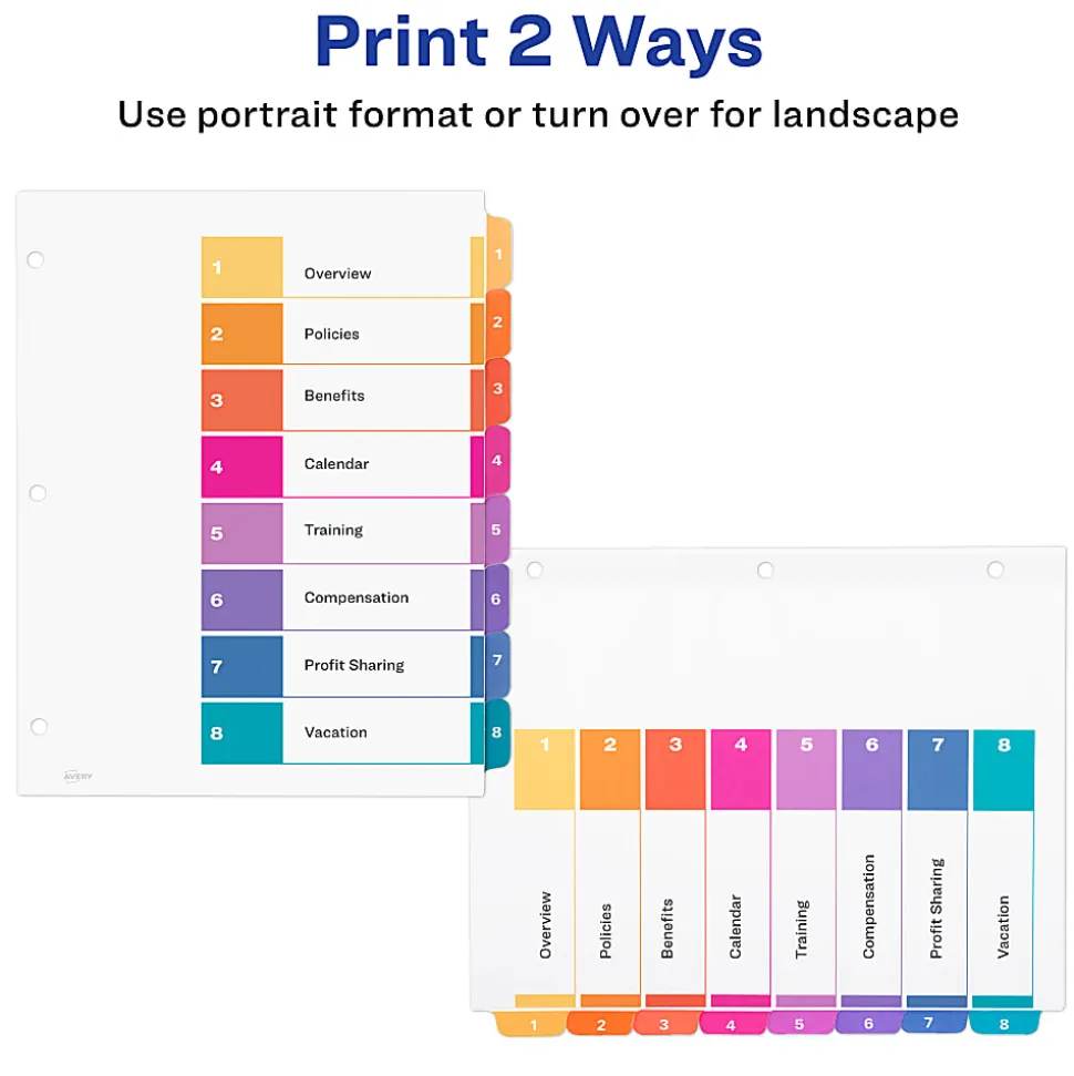 Avery® Ready Index® 1-8 Tab Binder Dividers With Customizable Table Of Contents, 8-1/2" x 11", 8 Tab, White/Multicolor, 1 Set