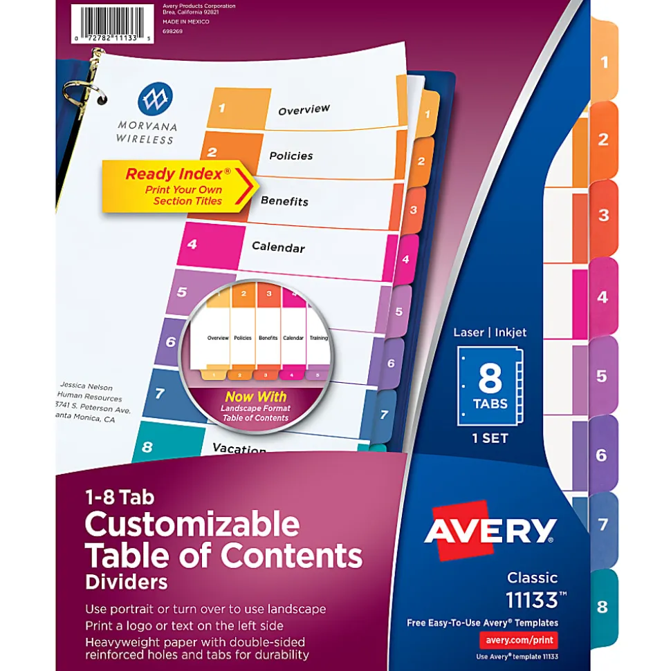 Avery® Ready Index® 1-8 Tab Binder Dividers With Customizable Table Of Contents, 8-1/2" x 11", 8 Tab, White/Multicolor, 1 Set