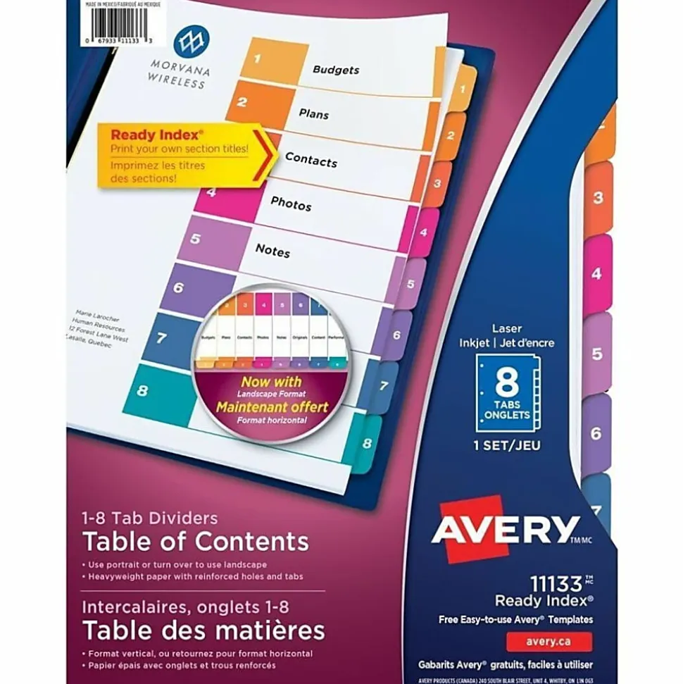 Avery® Ready Index® 1-8 Tab Binder Dividers With Customizable Table Of Contents, 8-1/2" x 11", 8 Tab, White/Multicolor, 1 Set