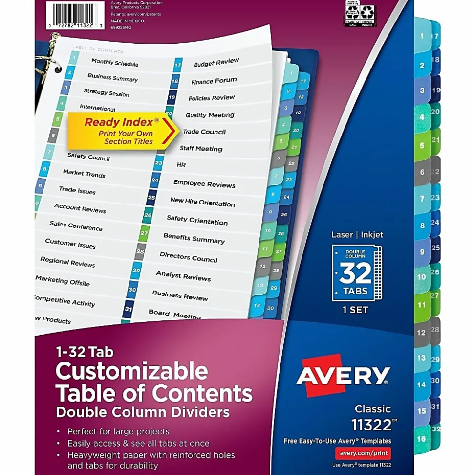 Avery® Ready Index® 1-32 Tab Double Column Binder Dividers With Customizable Table Of Contents, 8-1/2" x 11", 32 Tab, White/Multicolor, 1 Set
