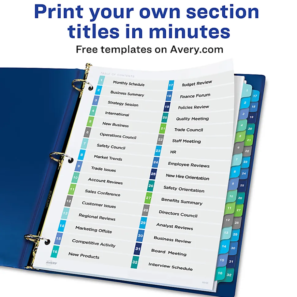 Avery® Ready Index® 1-32 Tab Double Column Binder Dividers With Customizable Table Of Contents, 8-1/2" x 11", 32 Tab, White/Multicolor, 1 Set