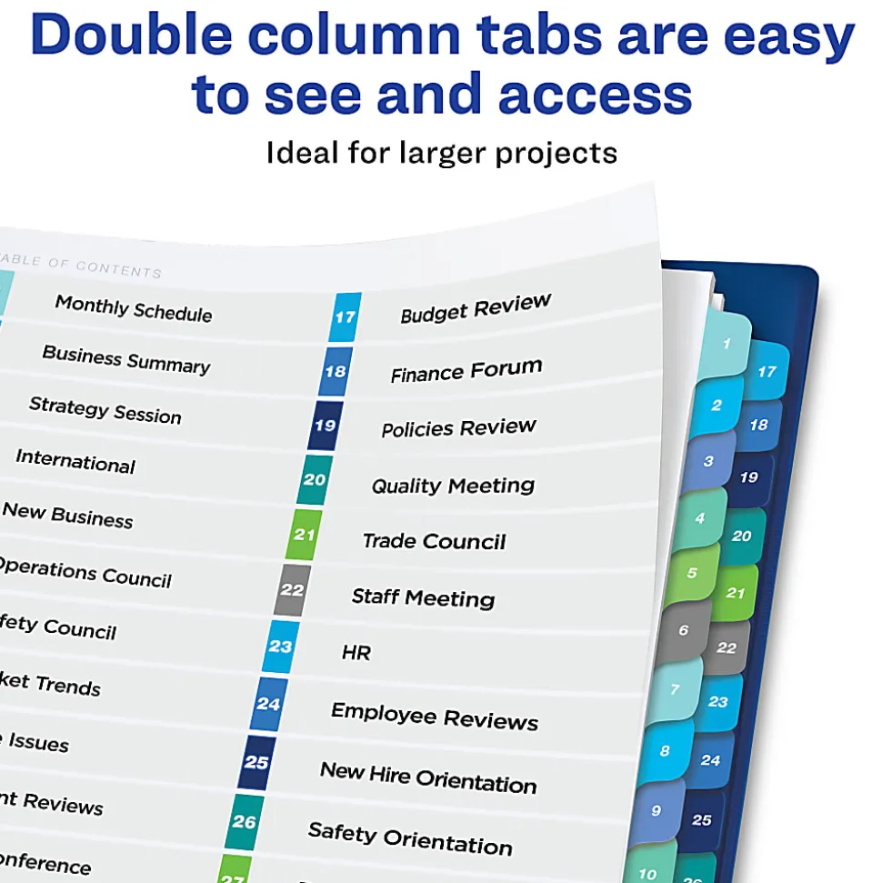 Avery® Ready Index® 1-32 Tab Double Column Binder Dividers With Customizable Table Of Contents, 8-1/2" x 11", 32 Tab, White/Multicolor, 1 Set
