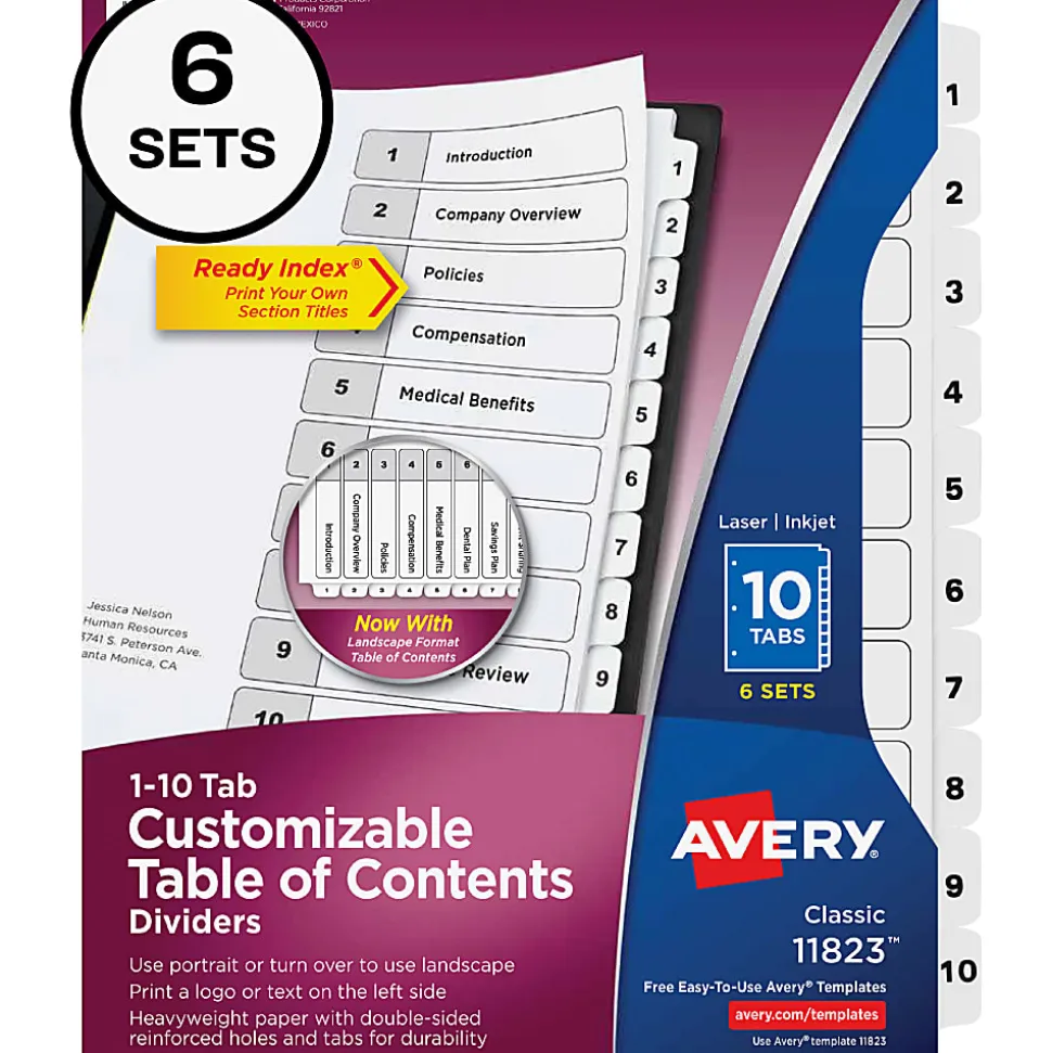 Avery® Ready Index Table Of Contents Binder Dividers, 8-1/2" x 11", White, 10 Tabs Per Pack, Set Of 6 Packs