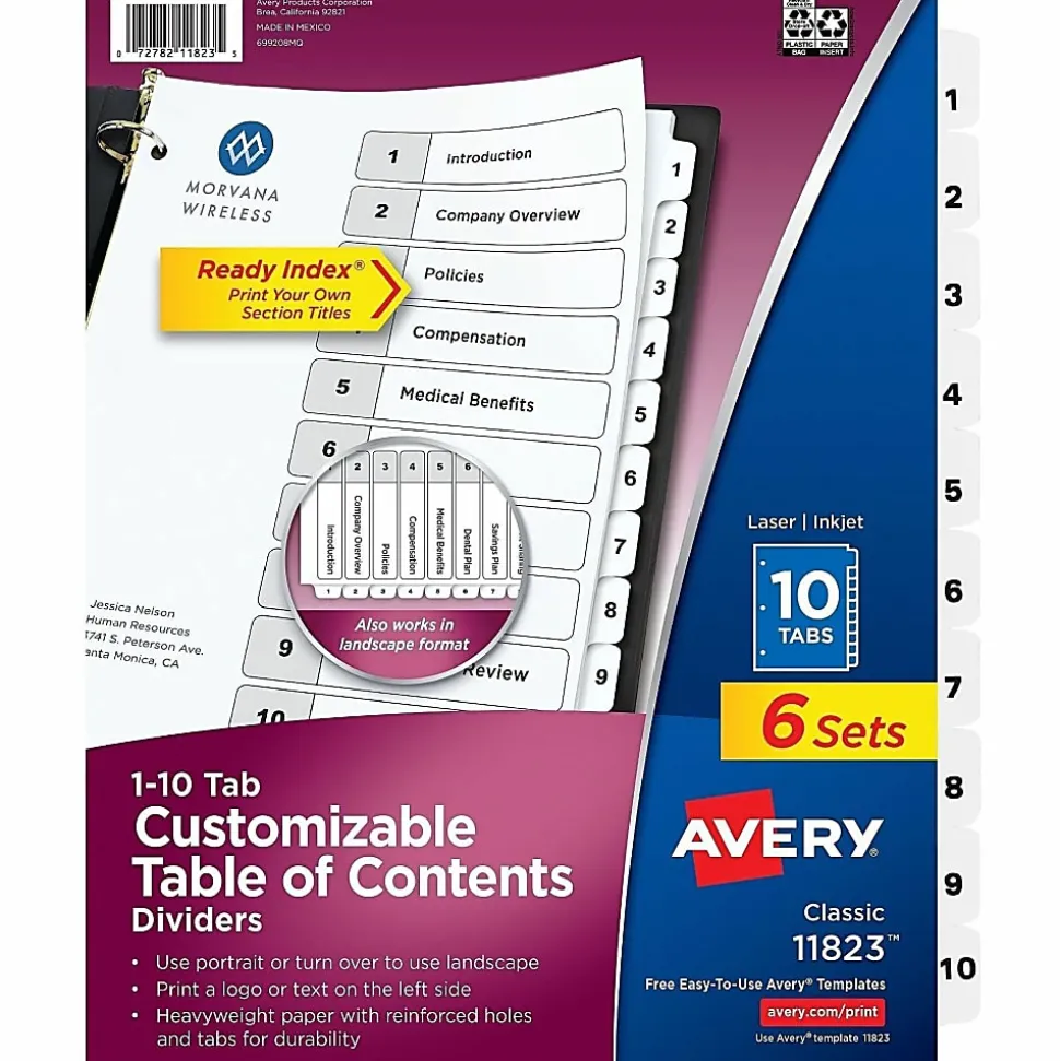 Avery® Ready Index Table Of Contents Binder Dividers, 8-1/2" x 11", White, 10 Tabs Per Pack, Set Of 6 Packs