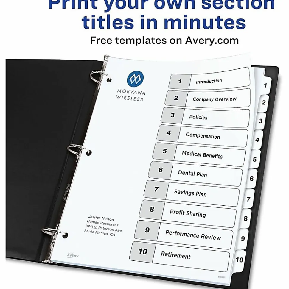Avery® Ready Index Table Of Contents Binder Dividers, 8-1/2" x 11", White, 10 Tabs Per Pack, Set Of 6 Packs