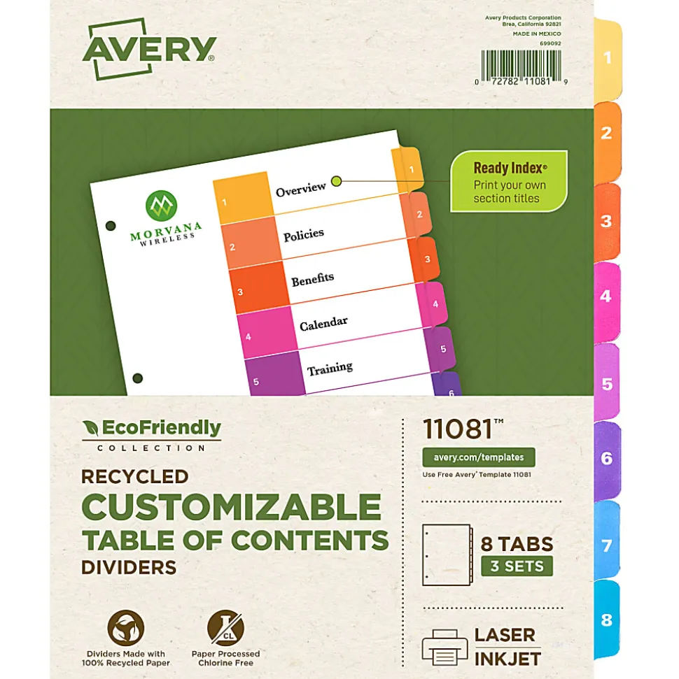 Avery® Ready Index® 1-8 Tabs & Customizable Table Of Contents, Letter Size, White Dividers/Multicolor Tabs, 3 Sets - 11081